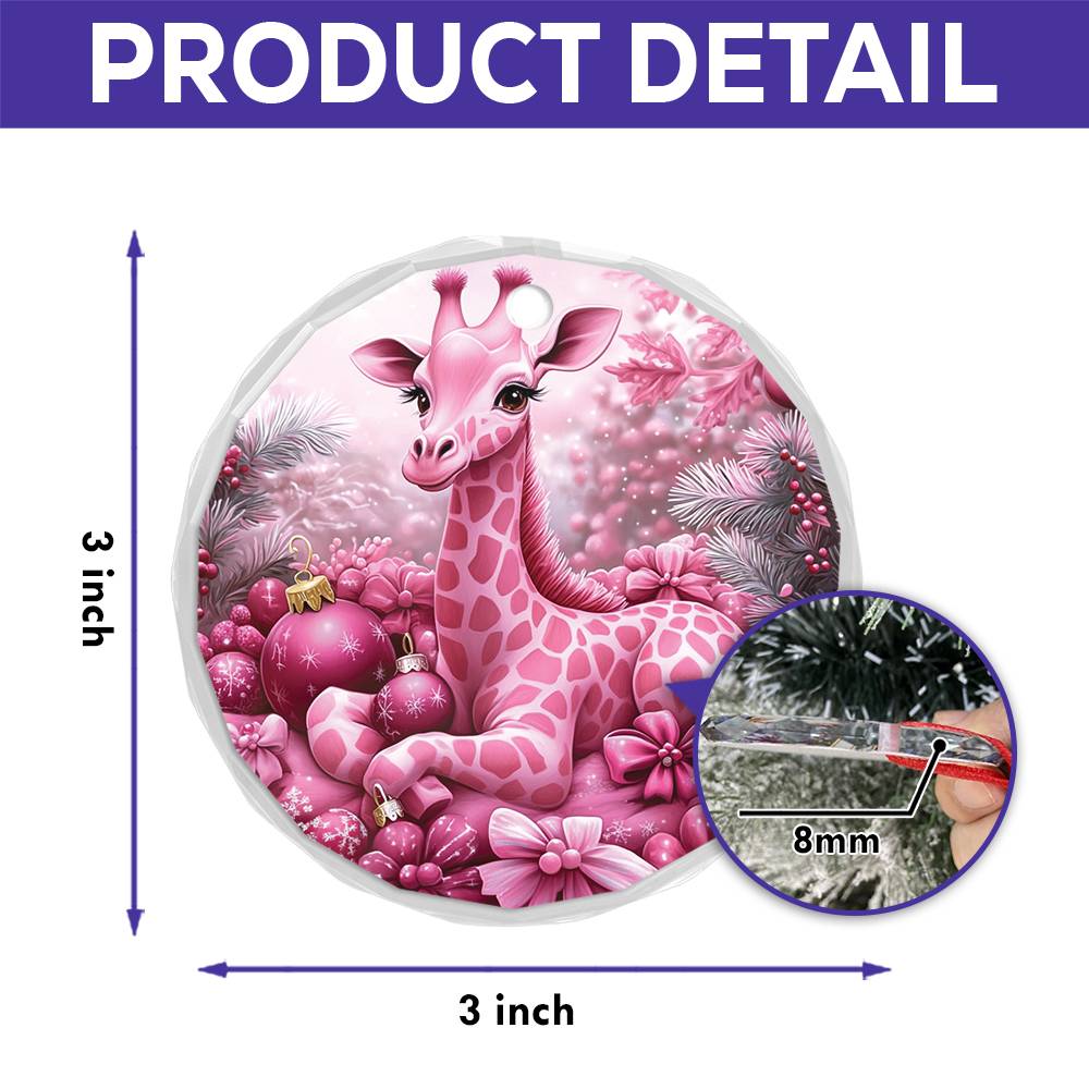 Giraffe Pink Christmas Design 4 Glass Ornament