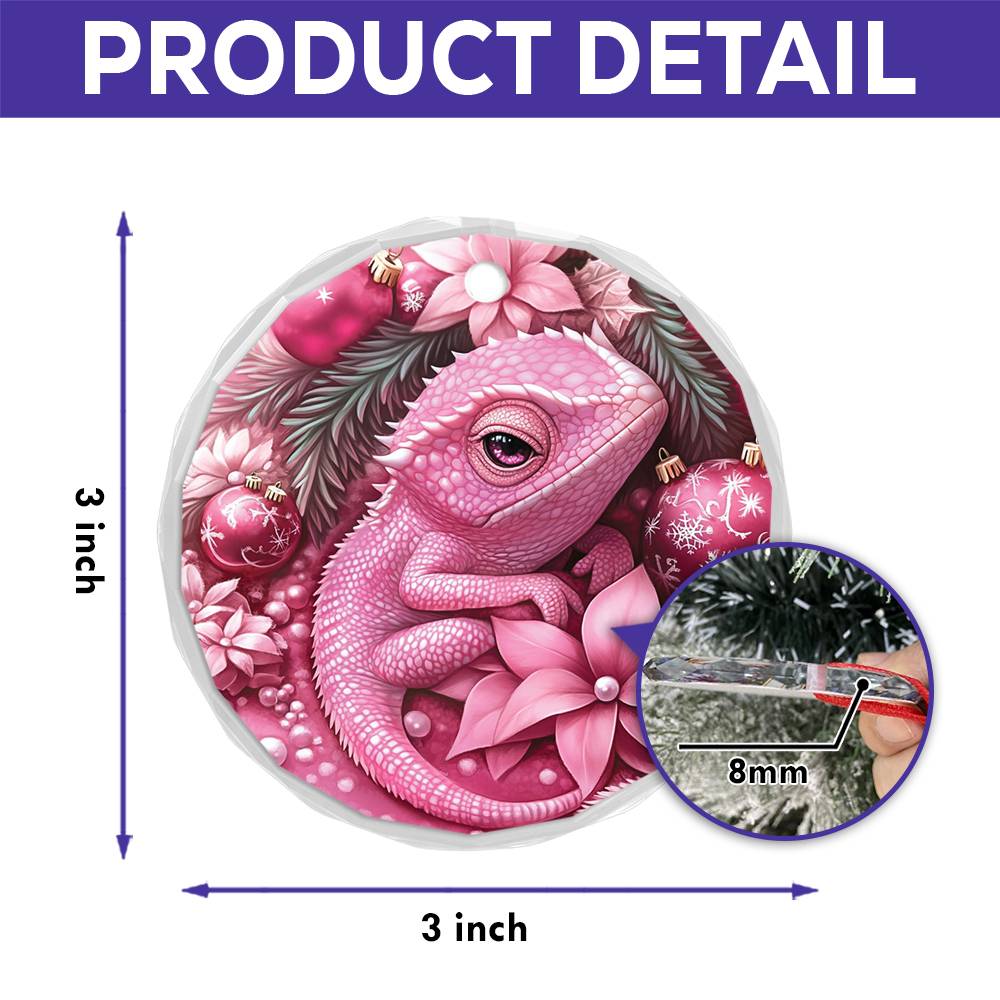 Chameleon Pink Christmas Design 3 Glass Ornament