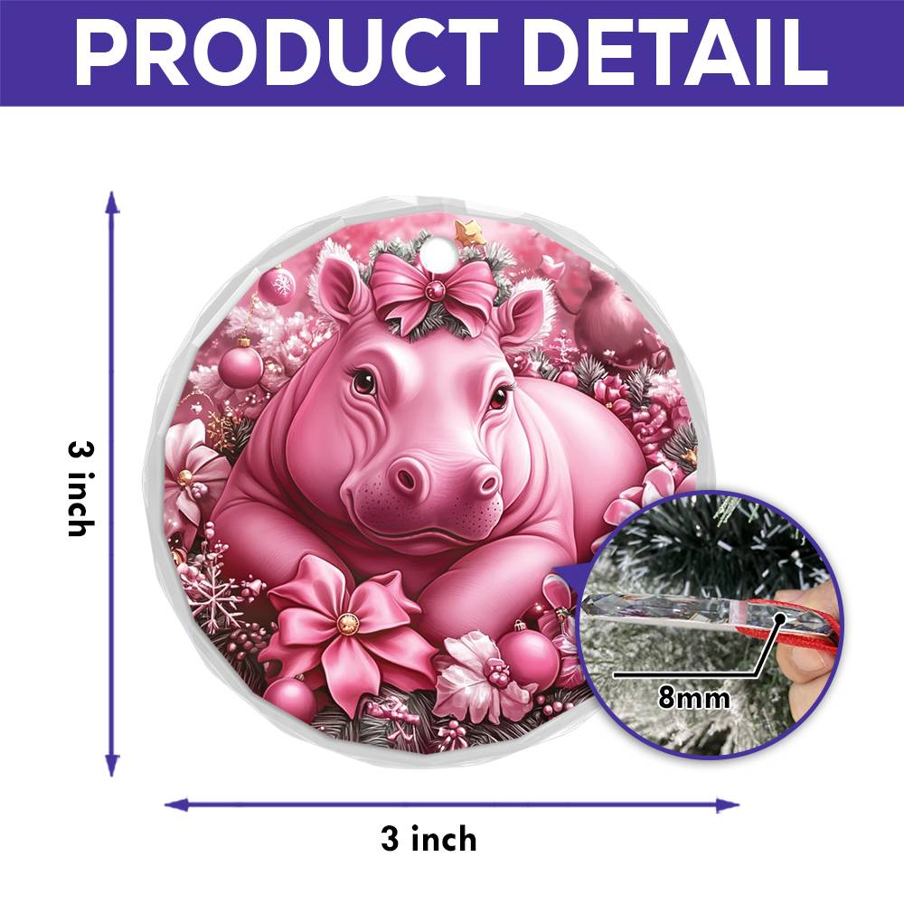 Hippo Pink Christmas Design 4 Glass Ornament