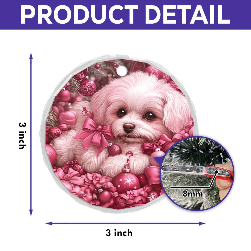 Bichon Frise Dog Pink Christmas Design 2 Glass Ornament