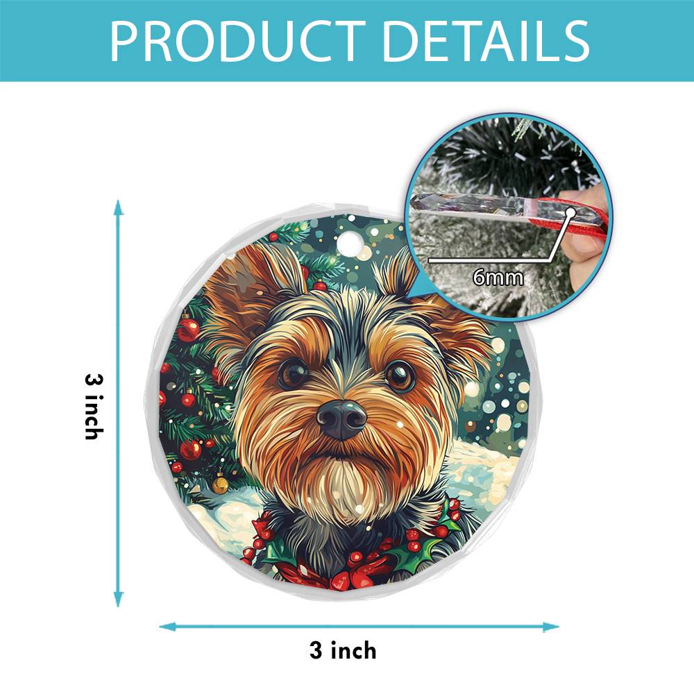 Beautiful Angus Yorkshire Terrier Dog Christmas Night Design 4 Glass Ornament