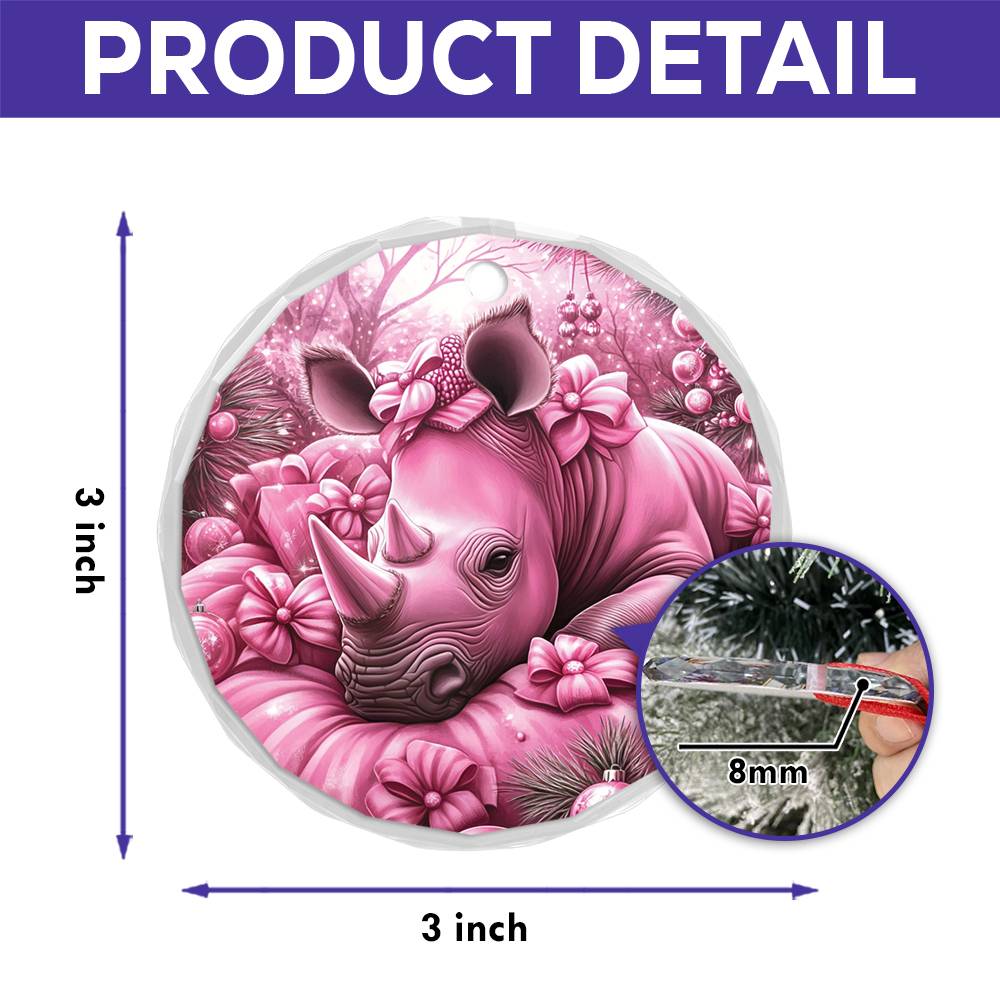 Rhino Pink Christmas Design 1 Glass Ornament