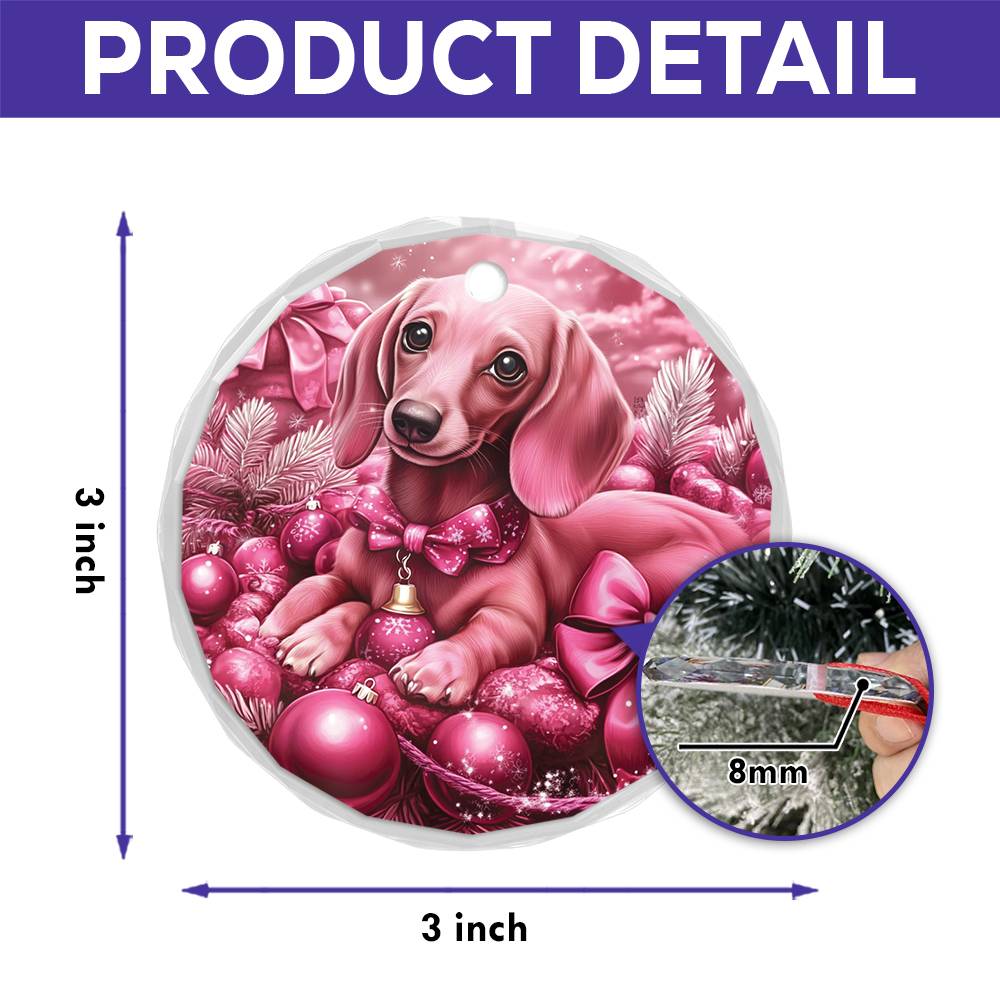 Dachshund Dog Pink Christmas Design 1 Glass Ornament