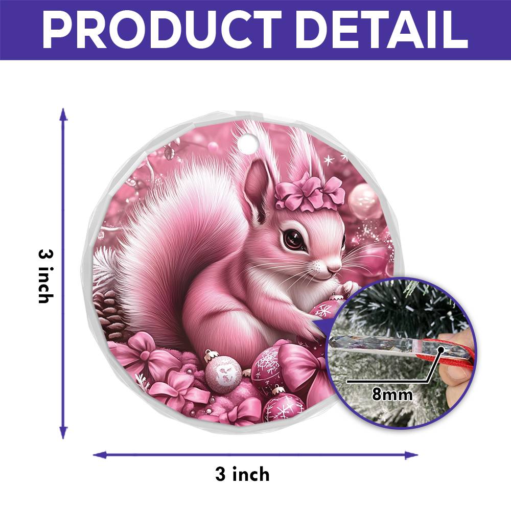 Squirrel Pink Christmas Design 1 Glass Ornament