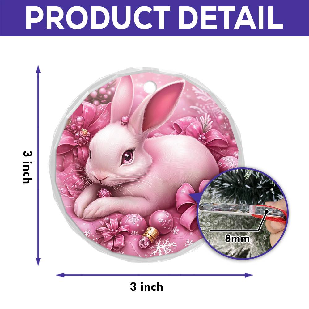 Rabbit Pink Christmas Design 3 Glass Ornament