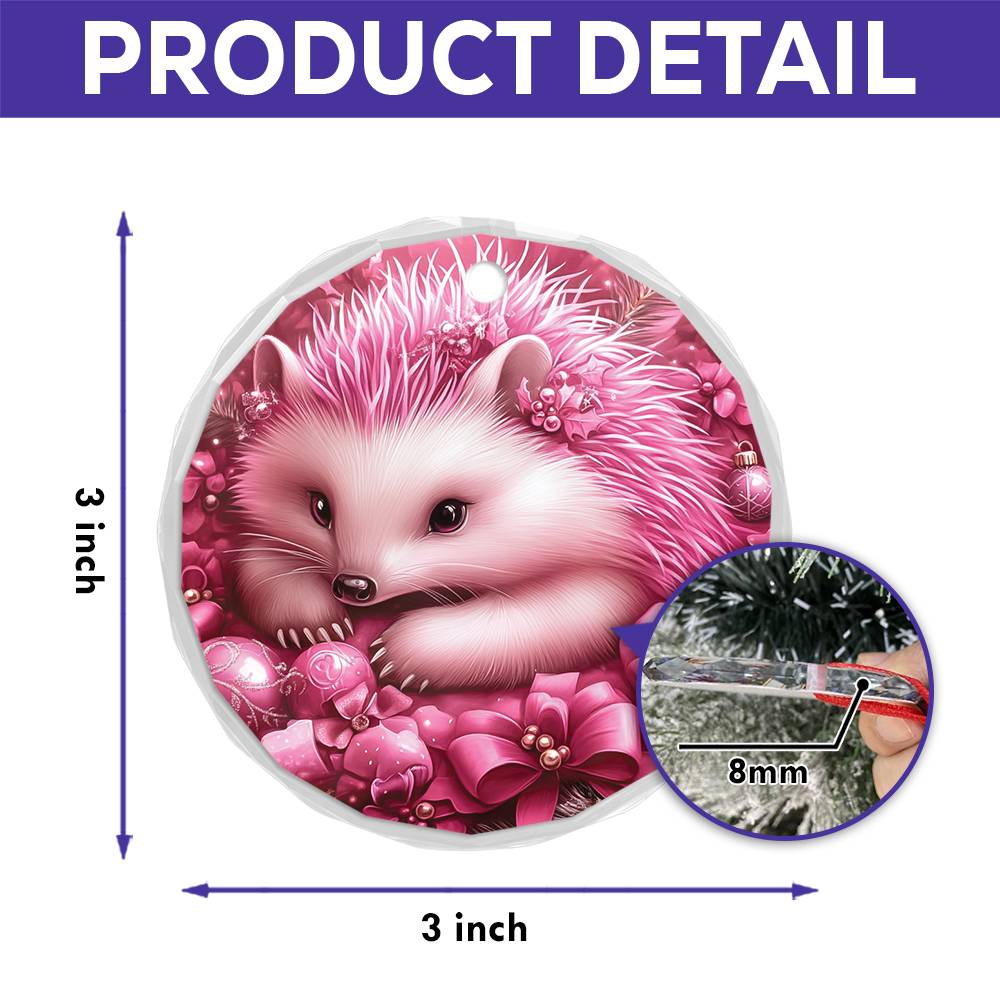Hedgehog Pink Christmas Design 1 Glass Ornament