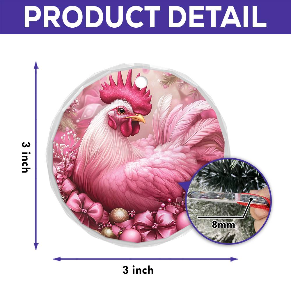 Rooster Pink Christmas Design 4 Glass Ornament