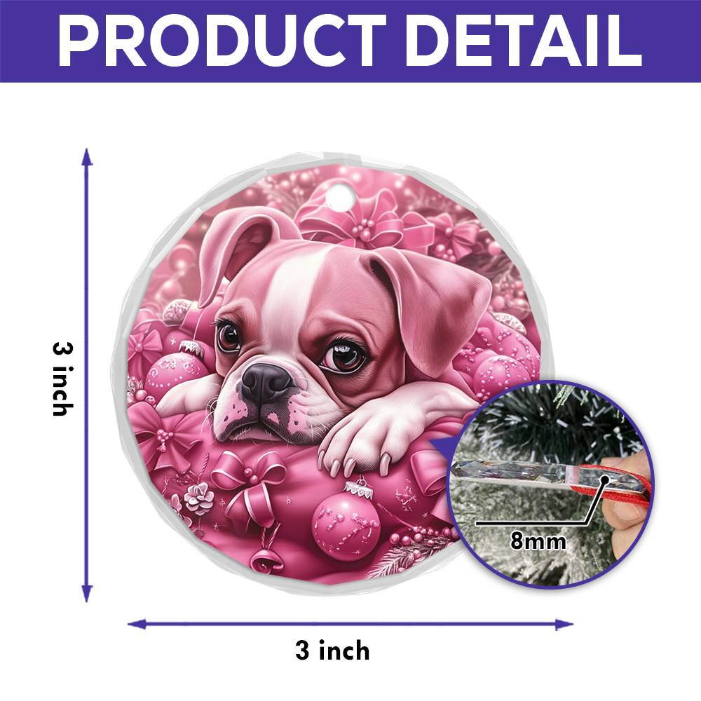 Boxer Dog Pink Christmas Design 1 Glass Ornament