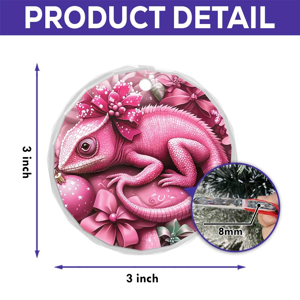 Chameleon Pink Christmas Design 1 Glass Ornament