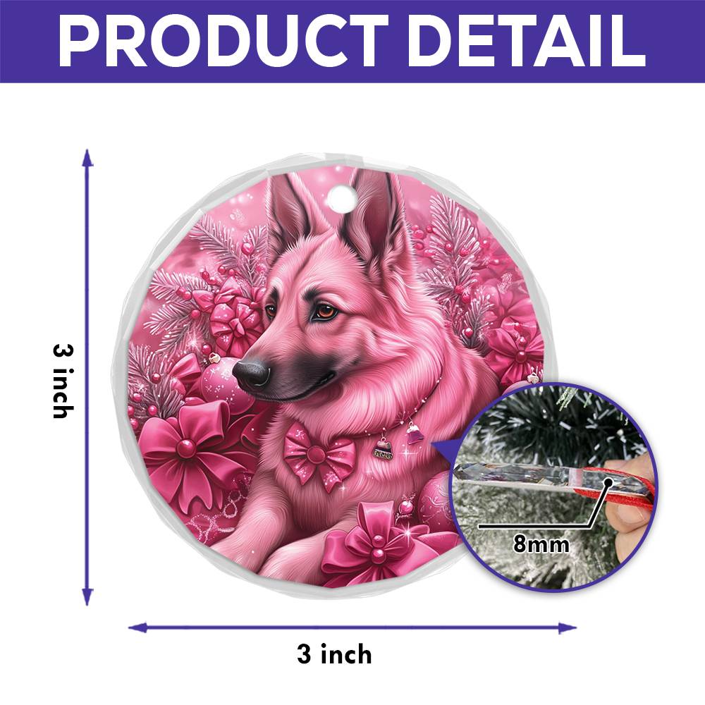 German Shepherd Dog Pink Christmas Design 3 Glass Ornament