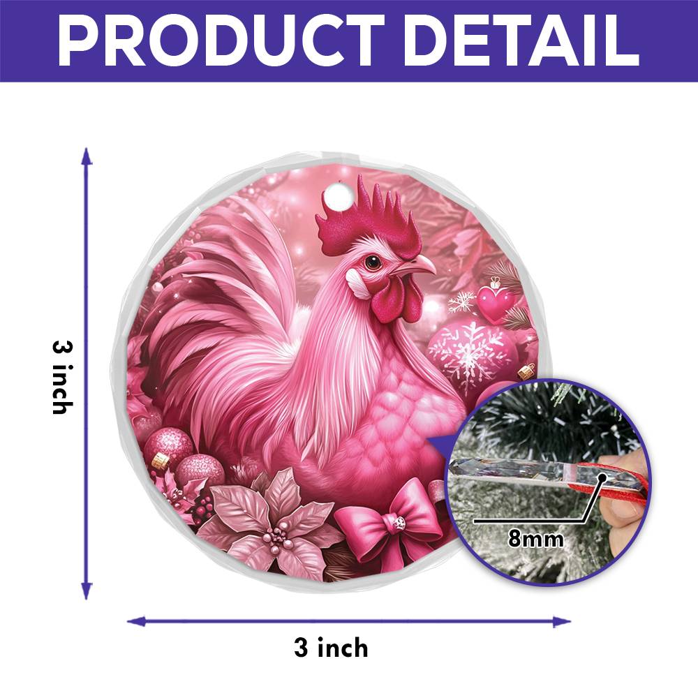 Rooster Pink Christmas Design 2 Glass Ornament