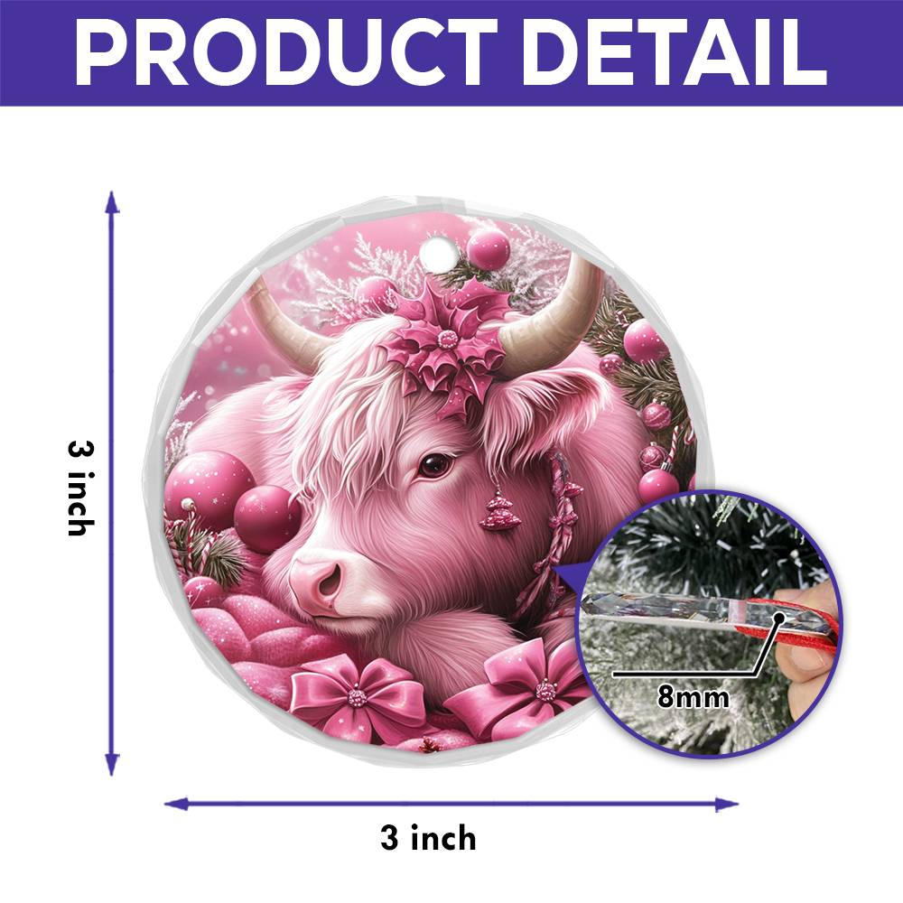 Highland Cow Pink Christmas Design 2 Glass Ornament