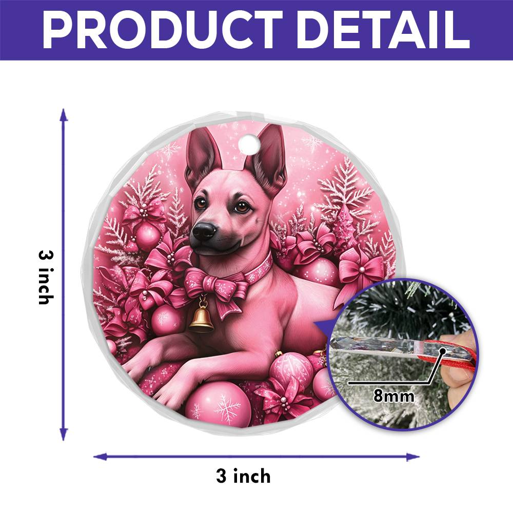 Belgian Malinoi Dog Pink Christmas Design 3 Glass Ornament