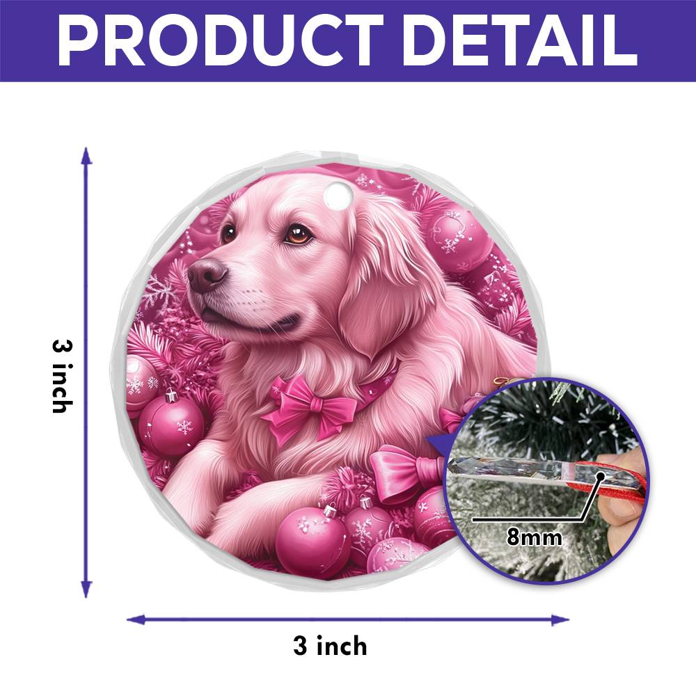 Golden Retriever Dog Pink Christmas Design 3 Glass Ornament