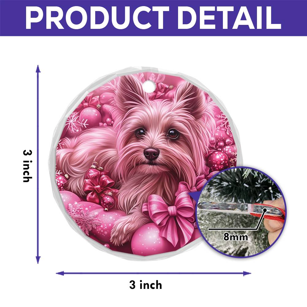 Yorkshire Terrier Dog Pink Christmas Design 2 Glass Ornament