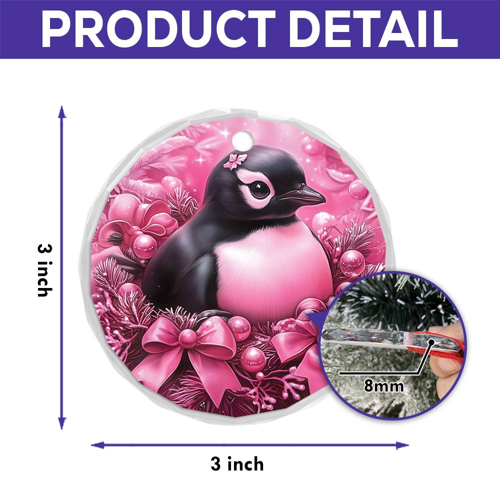 Penguin Pink Christmas Design 3 Glass Ornament