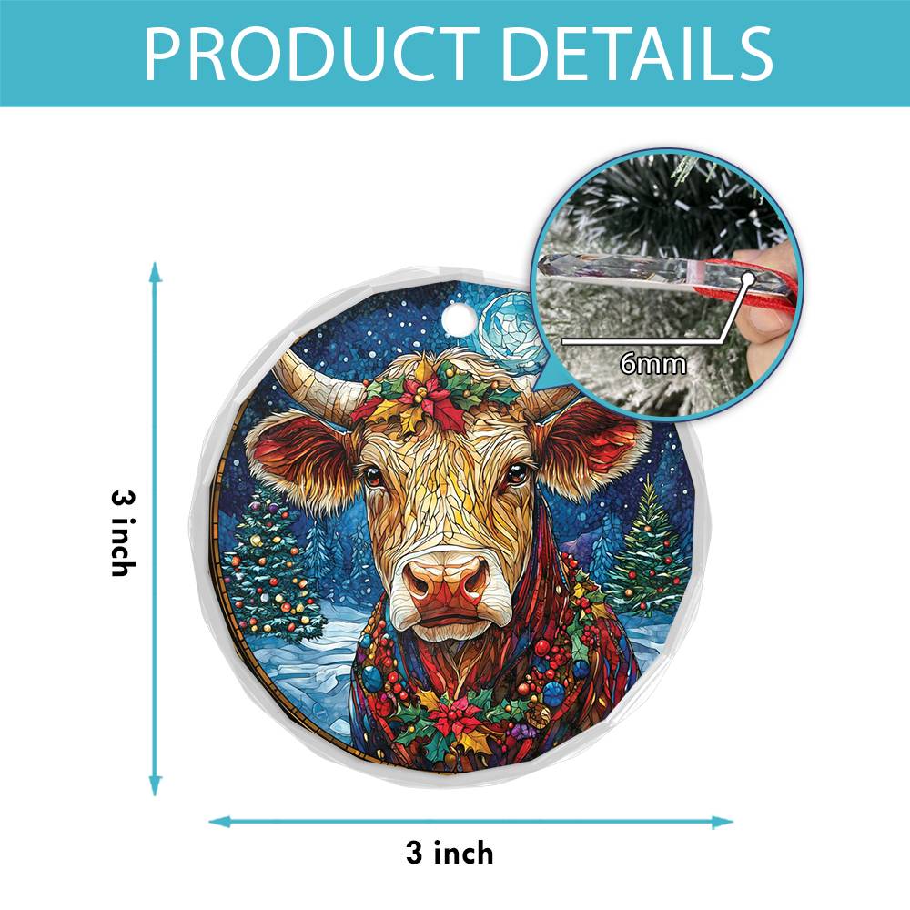 Beautiful Angus Cow Christmas Night Design 2 Glass Ornament