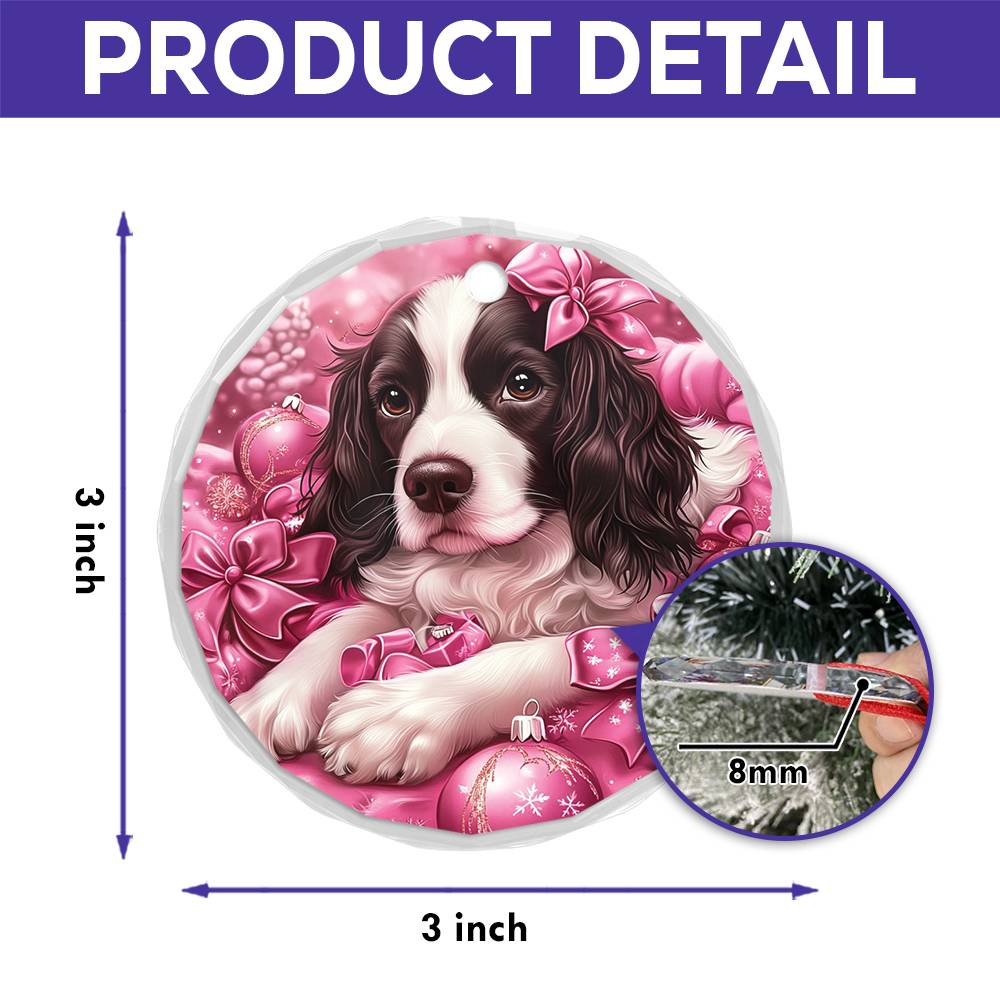 English Springer Spaniel Dog Pink Christmas Design 2 Glass Ornament