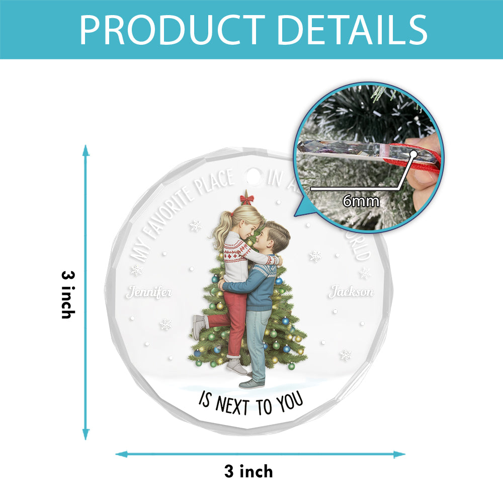 Christmas Couple Kissing My Favorite Place In All The World - Personalized Circle Glass Ornament