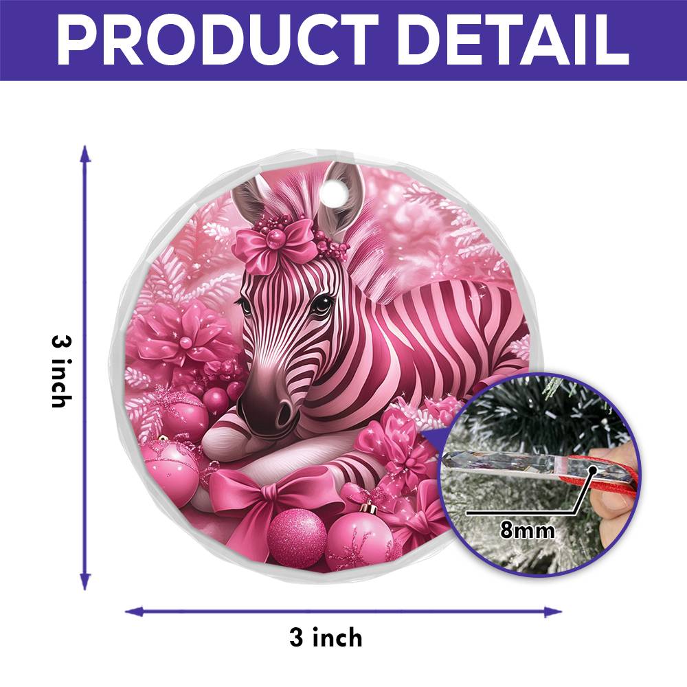 Zebra Pink Christmas Design 1 Glass Ornament