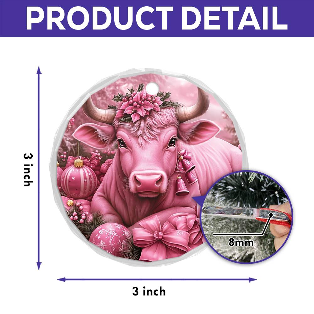 Bull Pink Christmas Design 1 Glass Ornament