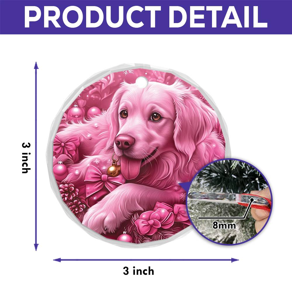 Golden Retriever Dog Pink Christmas Design 2 Glass Ornament