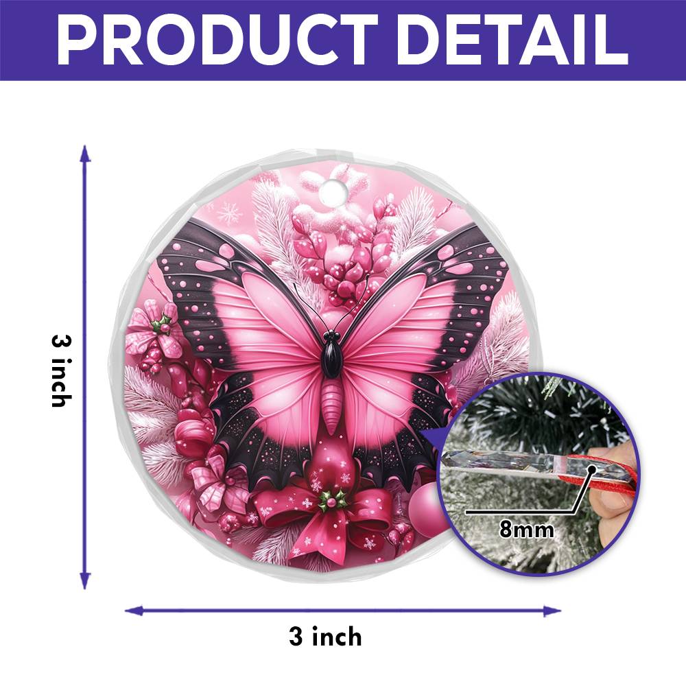 Butterfly Pink Christmas Design 2 Glass Ornament