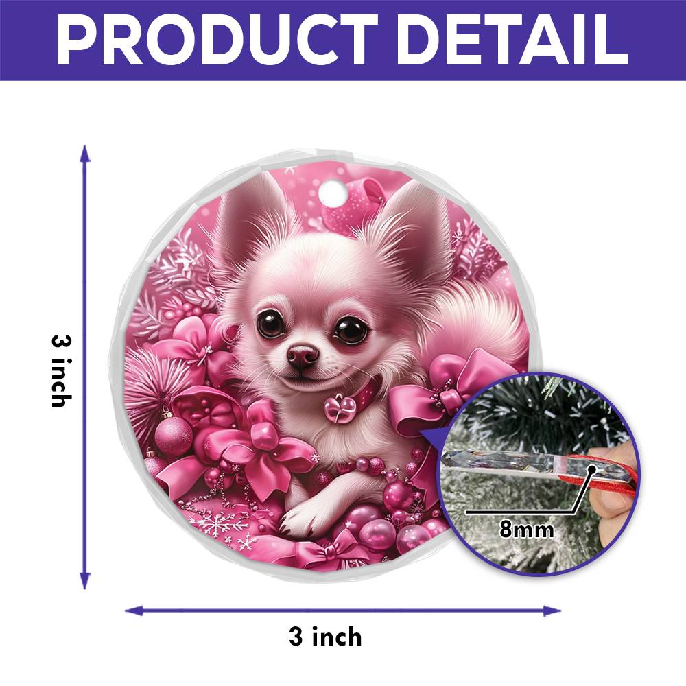 Chihuahua Dog Pink Christmas Design 1 Glass Ornament