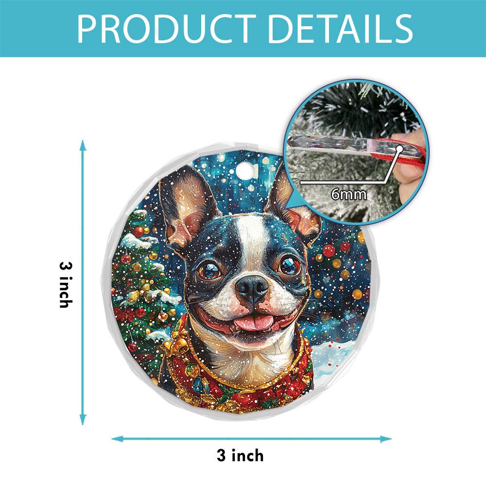 Beautiful Boston Terrier Dog Christmas Night Design 2 Glass Ornament