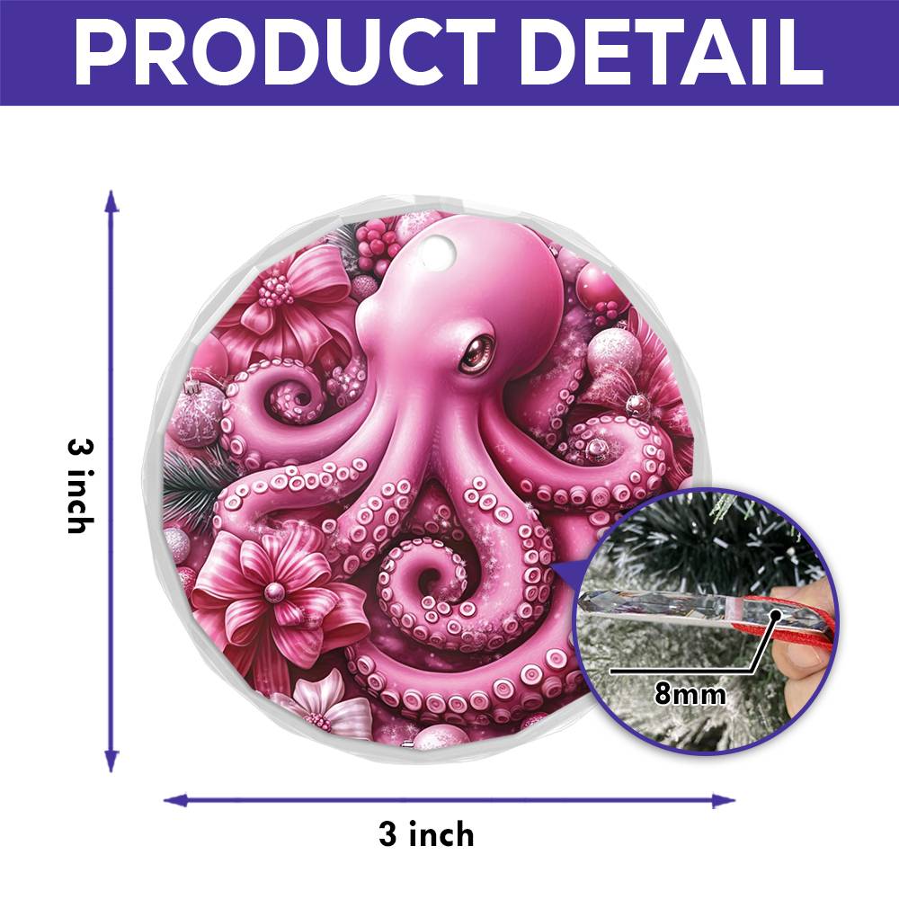 Octopus Pink Christmas Design 1 Glass Ornament