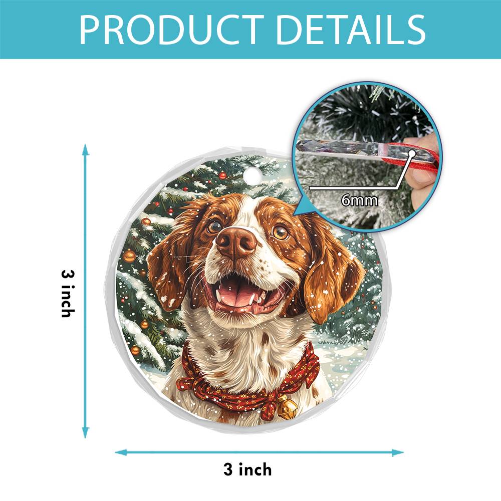 Beautiful Brittany Dog Christmas Night Design 2 Glass Ornament