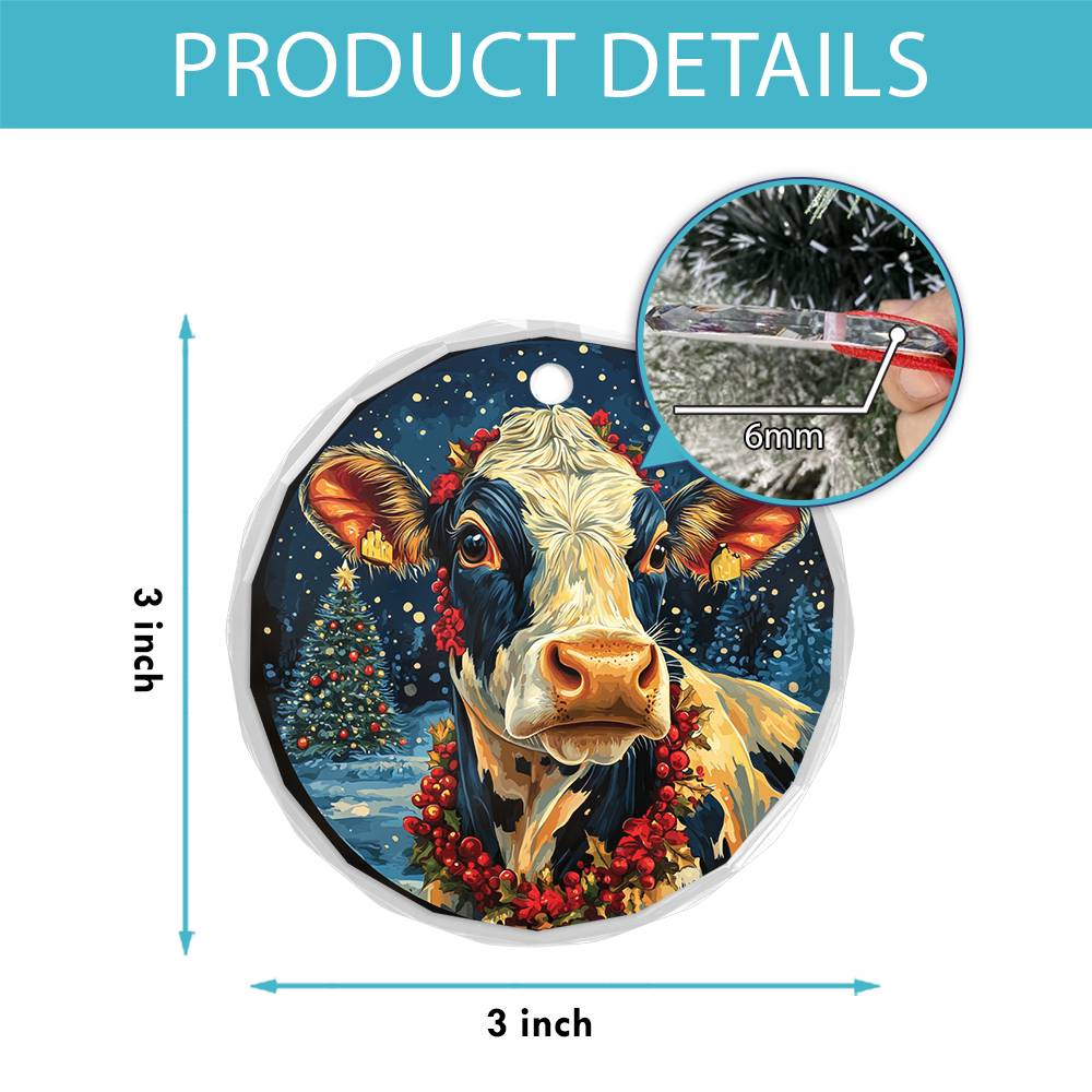 Beautiful Dairy Cow Christmas Night Design 2 Glass Ornament