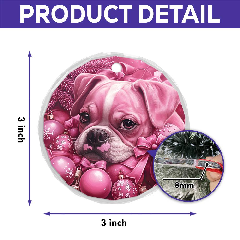Boxer Dog Pink Christmas Design 3 Glass Ornament