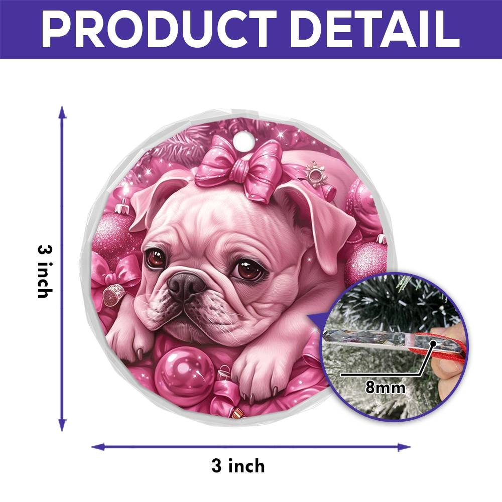 Bulldog Pink Christmas Design 1 Glass Ornament