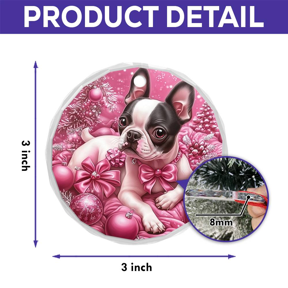 Boston Terrier Dog Pink Christmas Design 1 Glass Ornament
