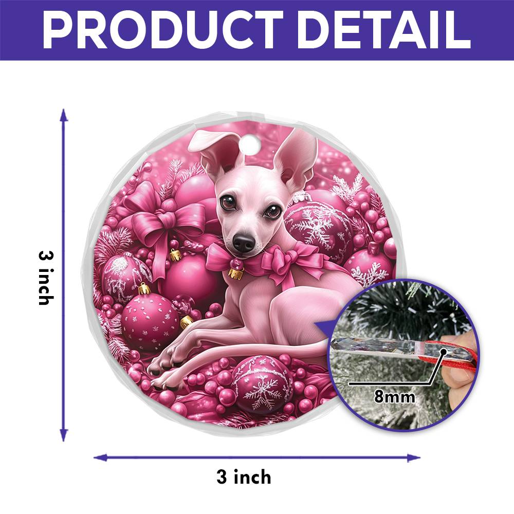 Whippet Dog Pink Christmas Design 1 Glass Ornament