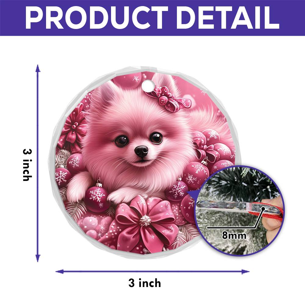 Pomeranian Dog Pink Christmas Design 2 Glass Ornament