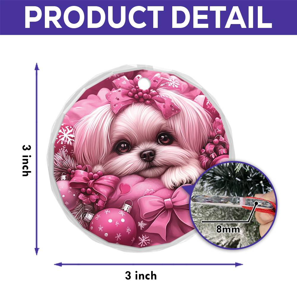 Shih Tzu Dog Pink Christmas Design 2 Glass Ornament