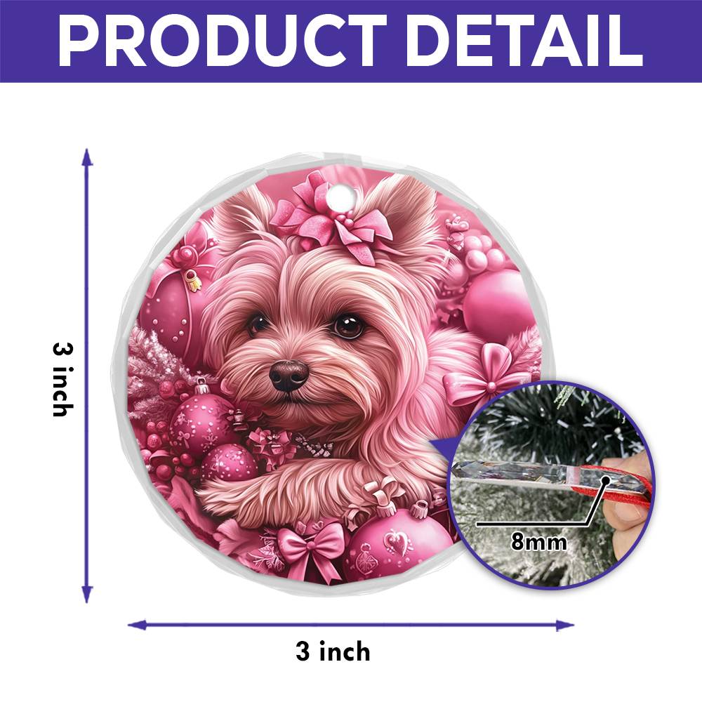 Yorkshire Terrier Dog Pink Christmas Design 1 Glass Ornament