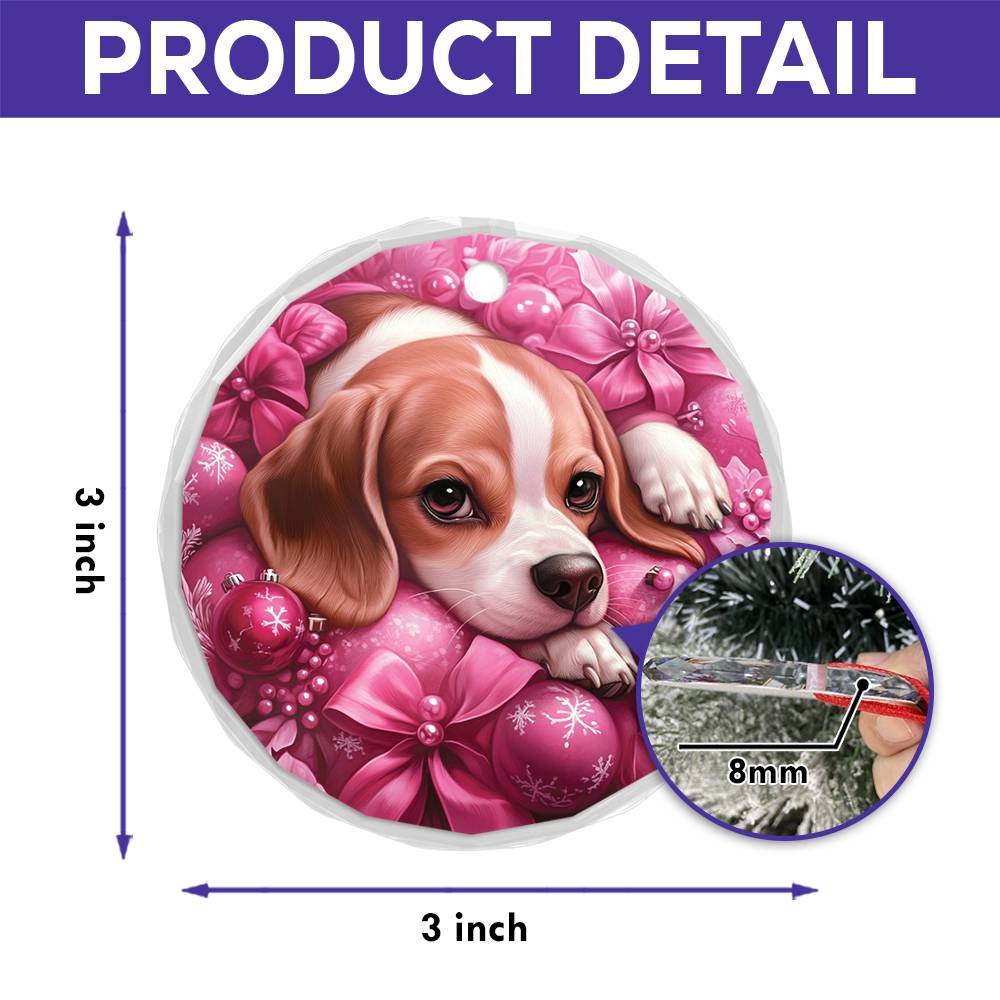 Beagle Dog Pink Christmas Design 3 Glass Ornament