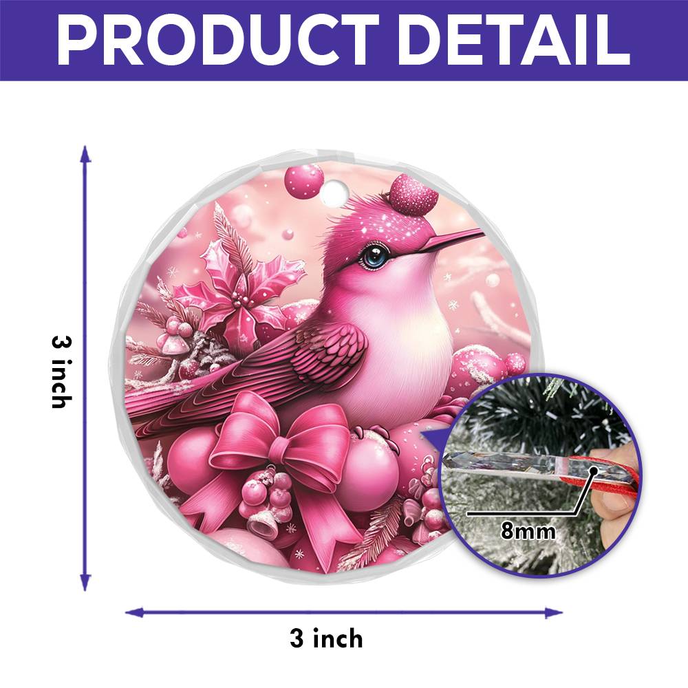 Hummingbird Pink Christmas Design 1 Glass Ornament