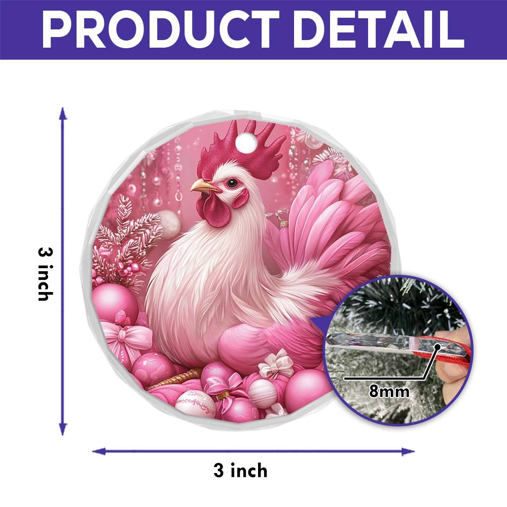 Rooster Pink Christmas Design 1 Glass Ornament