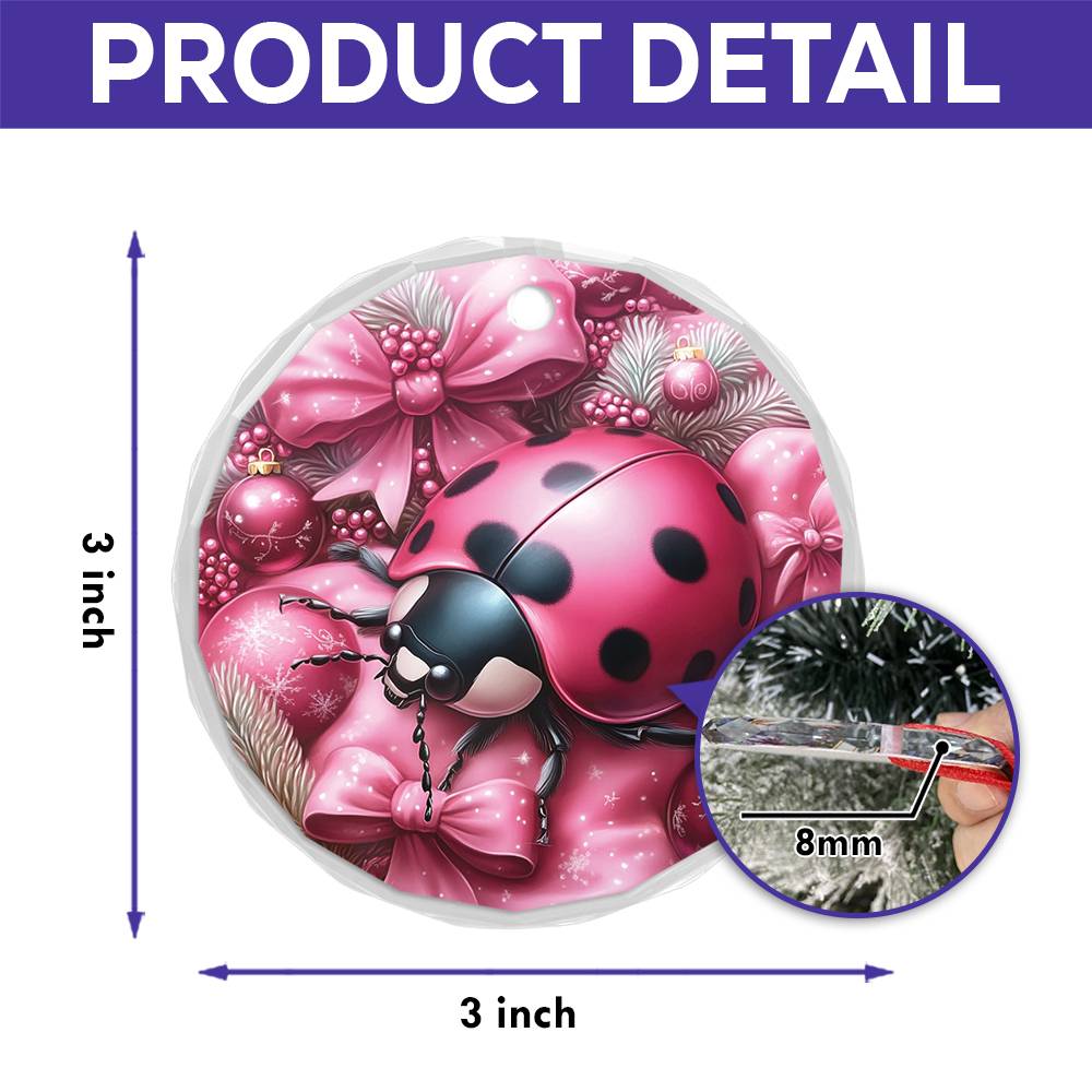 Ladybug Pink Christmas Design 2 Glass Ornament