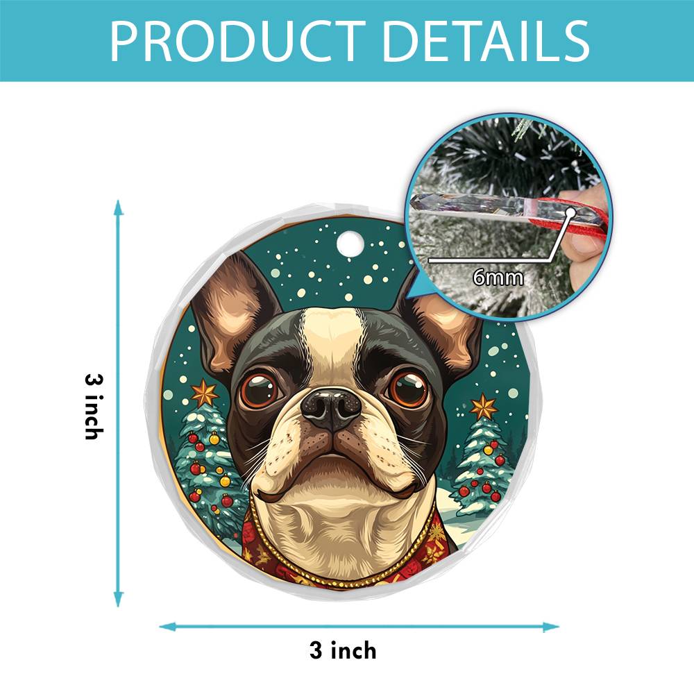 Beautiful Boston Terrier Dog Christmas Night Design 4 Glass Ornament