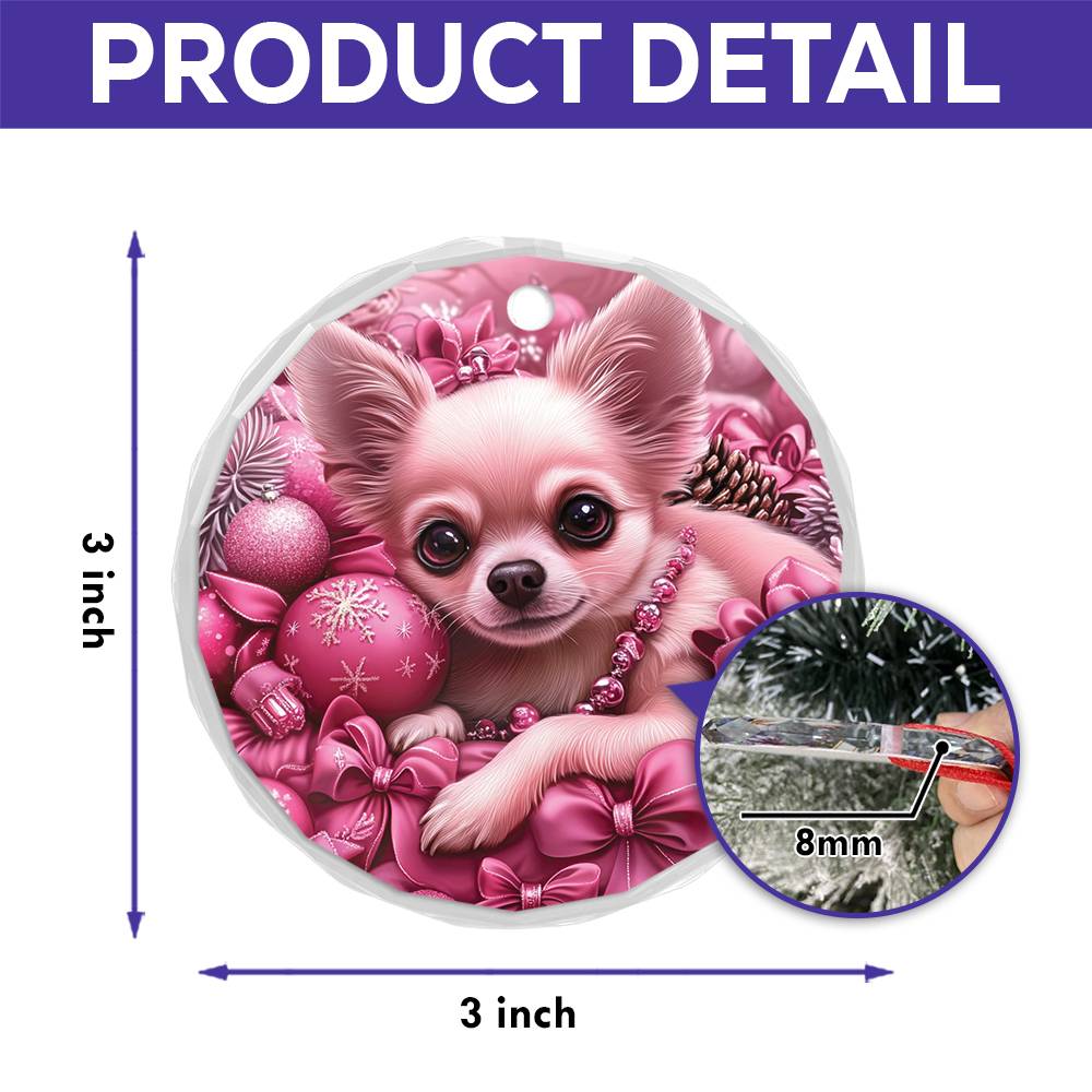 Chihuahua Dog Pink Christmas Design 3 Glass Ornament
