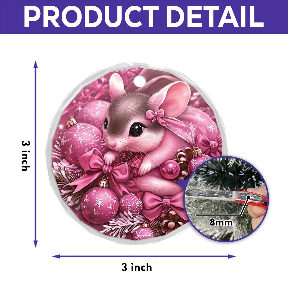 Mice Pink Christmas Design 3 Glass Ornament