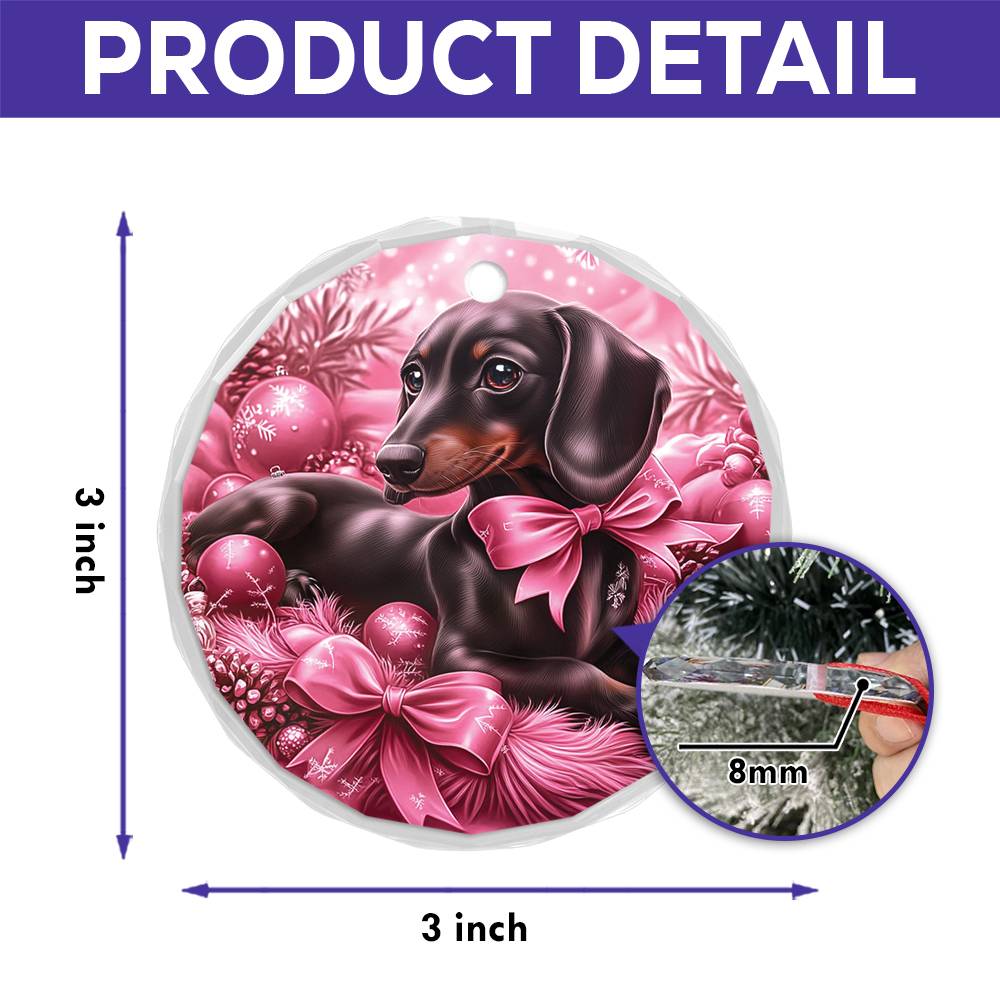 Dachshund Dog Pink Christmas Design 3 Glass Ornament