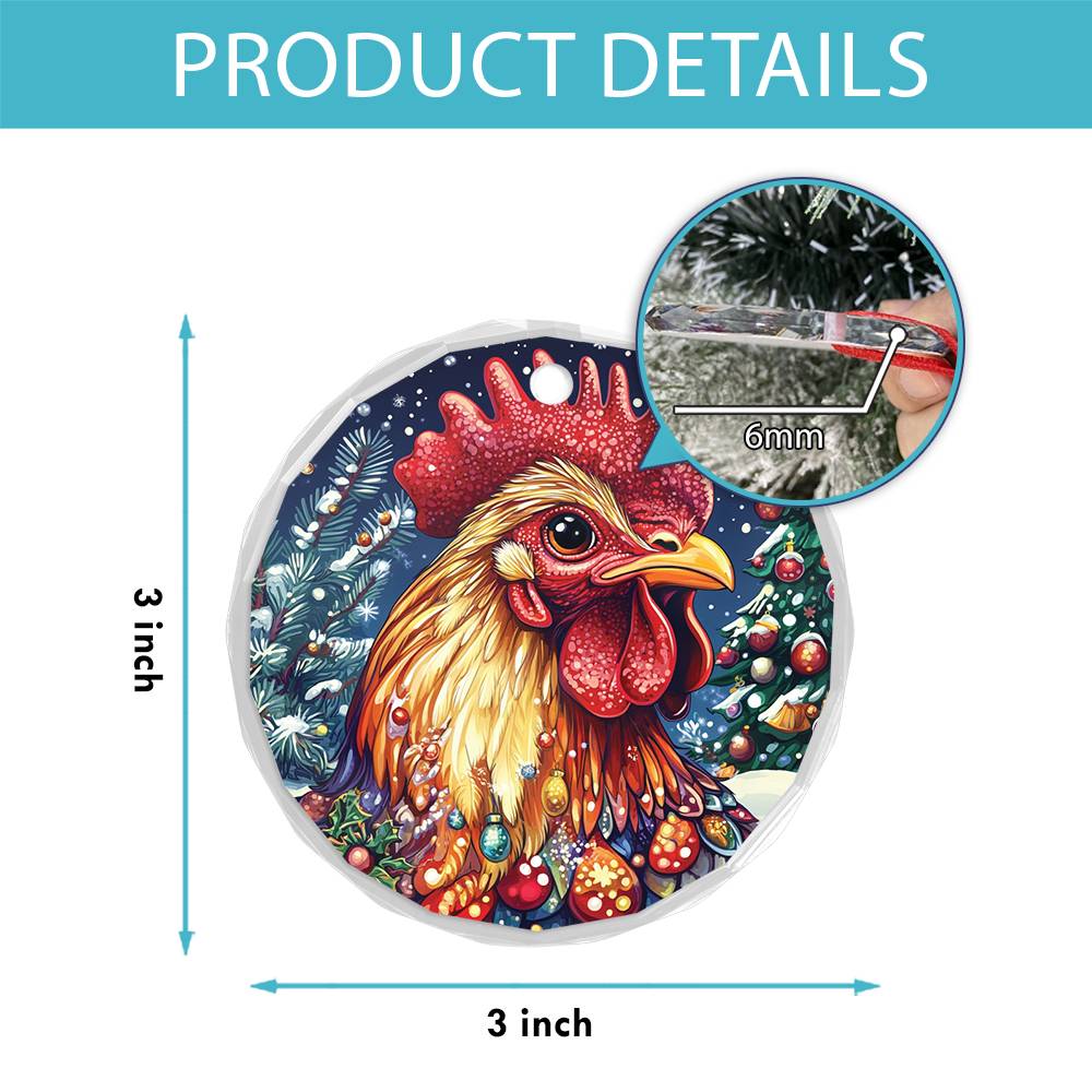 Beautiful Rooster Christmas Night Design 3 Glass Ornament
