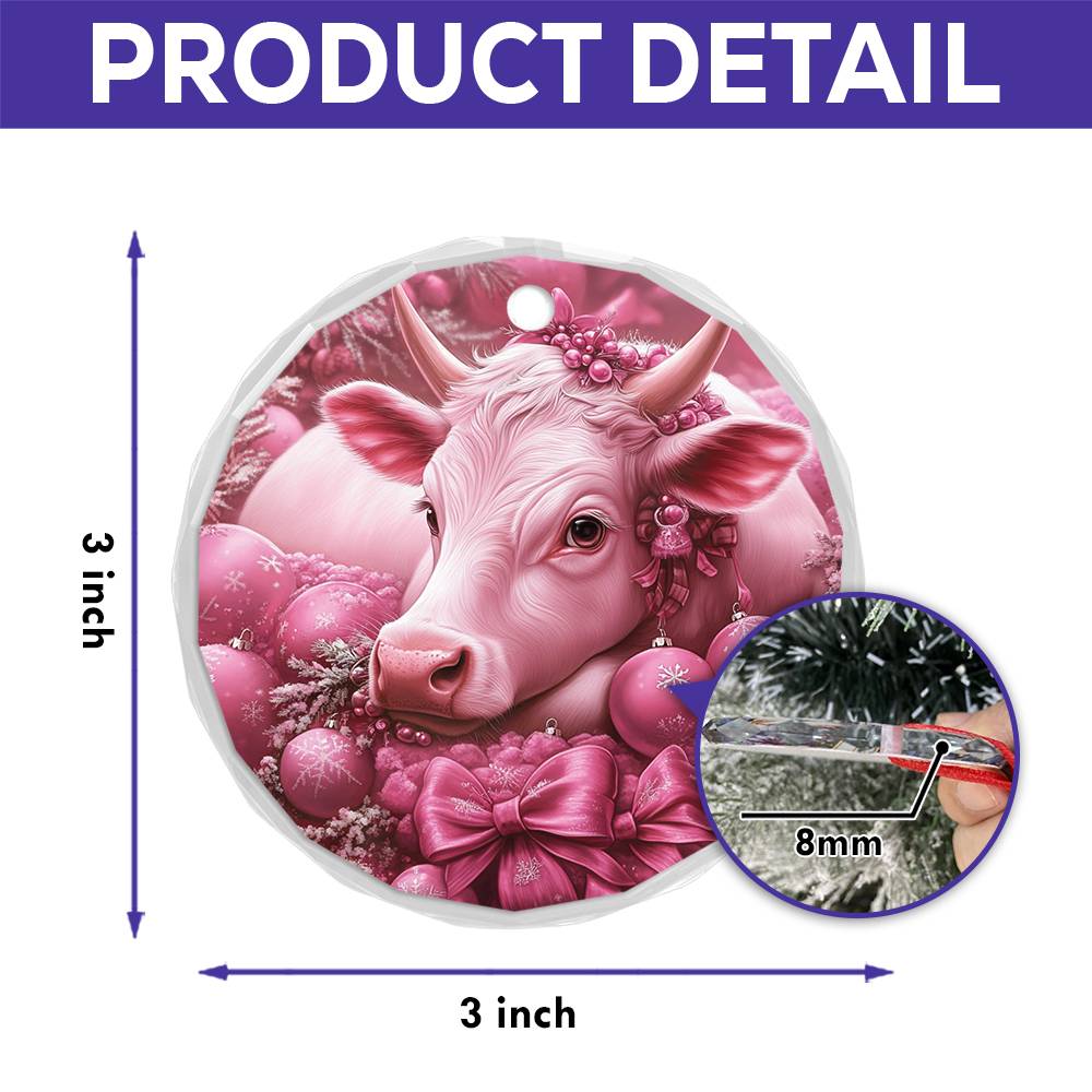 Hereford Cow Pink Christmas Design 1 Glass Ornament