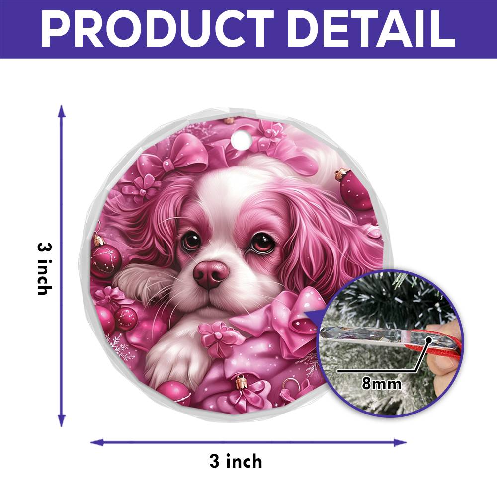 Cavalier King Charles Spaniel Dog Pink Christmas Design 1 Glass Ornament